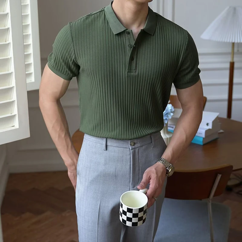 

Vertical Stripe Knit Polo Men's Shirts Summer New Slim Solid Color Breathable Turn-Down Collar Business Short Sleeve Polo Tops