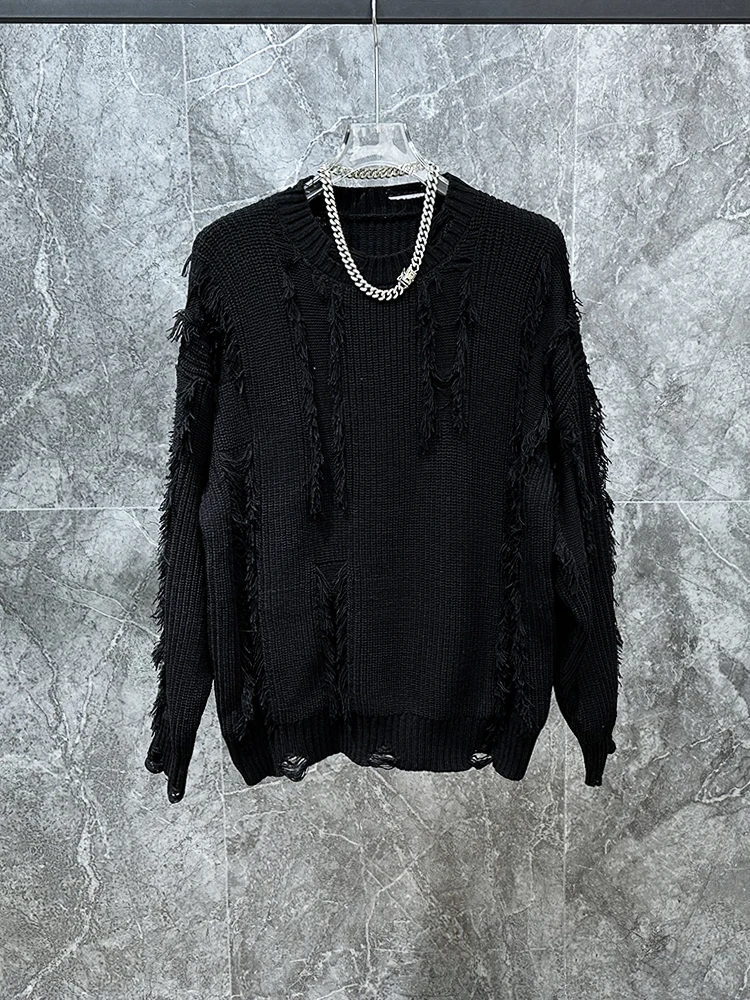 American High Street Ripped Fringe Fashion Trend Round Neck Sweater Autumn Winter Loose Casual Warm Knitted Sweater for Men