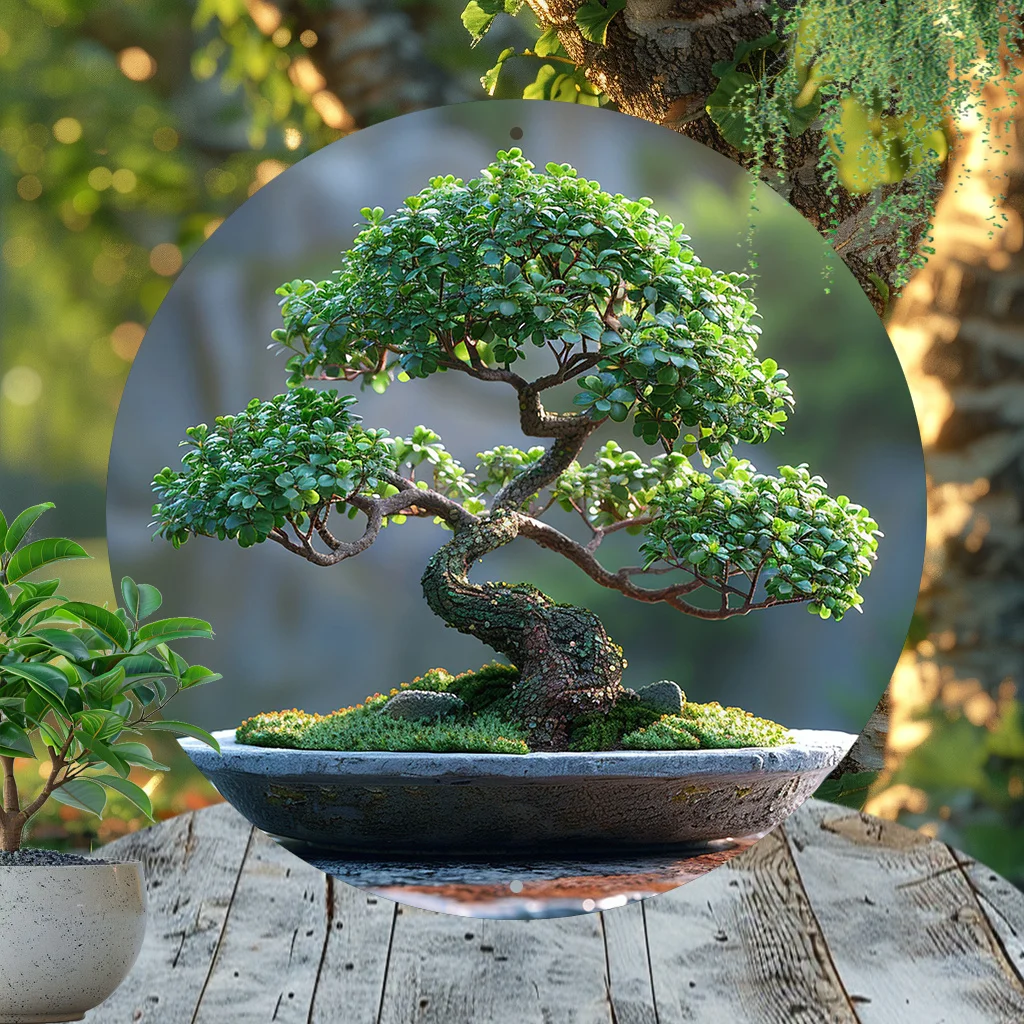 Waterproof Aluminum Art Set with 1pc Bonsai Tree Circular Wall Decor, 8x8 Inch Greenery Themed High-Definition Metal