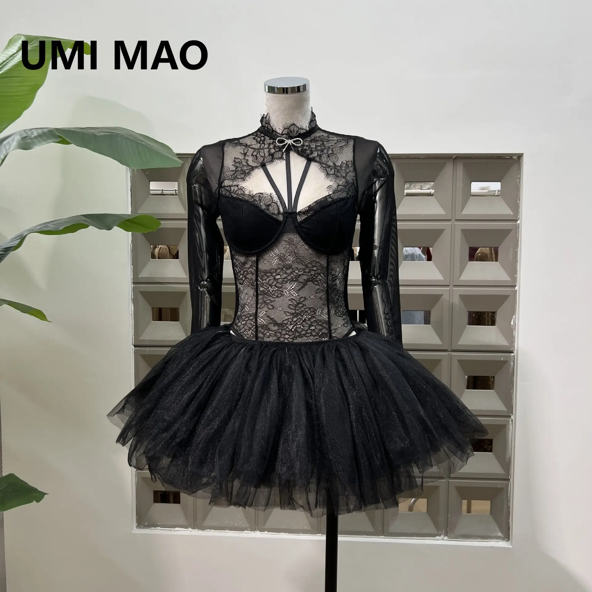 UMI MAO уникальный дизайн, кружевной утягивающий комбинезон с длинными рукавами + пышная полуюбка в стиле балета, однотонный комплект Femme UMI MAO уникальный дизайн, кружевной утягивающий комбинезон с длинными рукавами + пышная полуюбка в стиле балета, однотонный комплект Femme