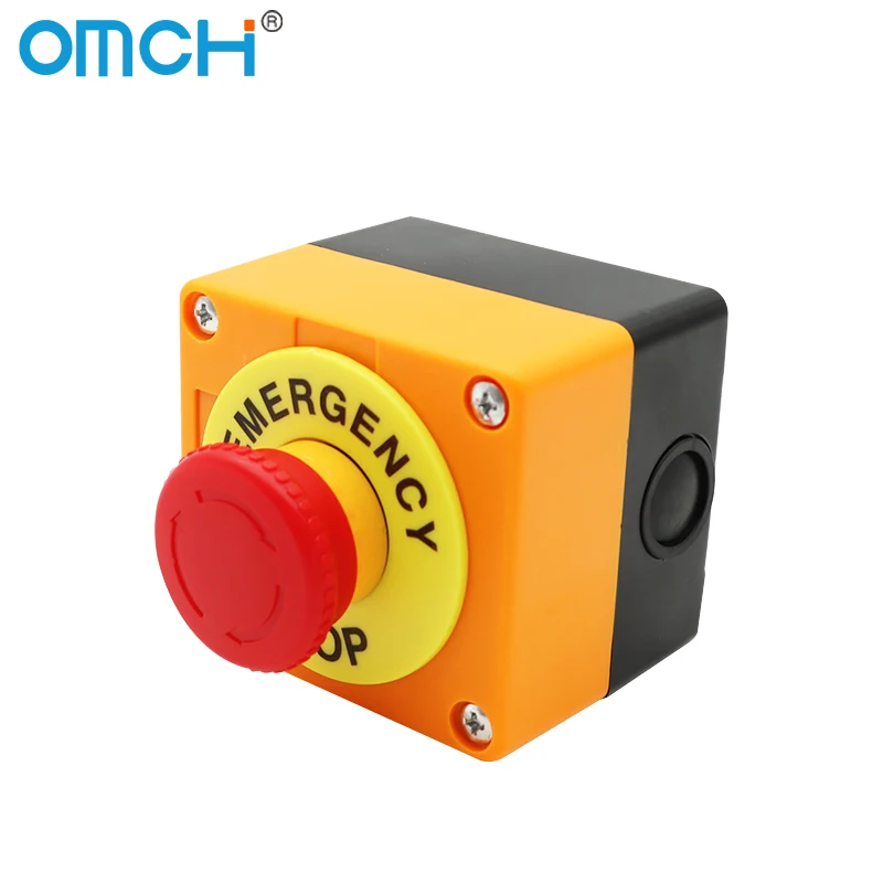 Interruptor de botão de travamento automático OMCH com caixa, cabeça de cogumelo, sinal vermelho, NO + NC, AC660V, 10A, parada de emergência