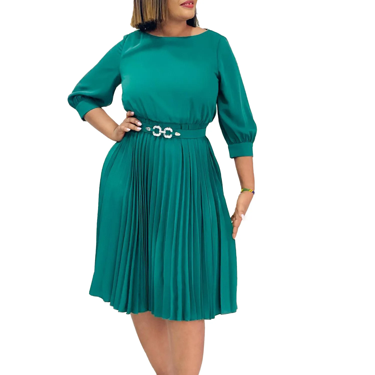 

Elegant African Party Evening Dresses for Women Autumn African 3/4 Sleeve O-neck Pleated Midi Dress Dashiki Africa Clothing