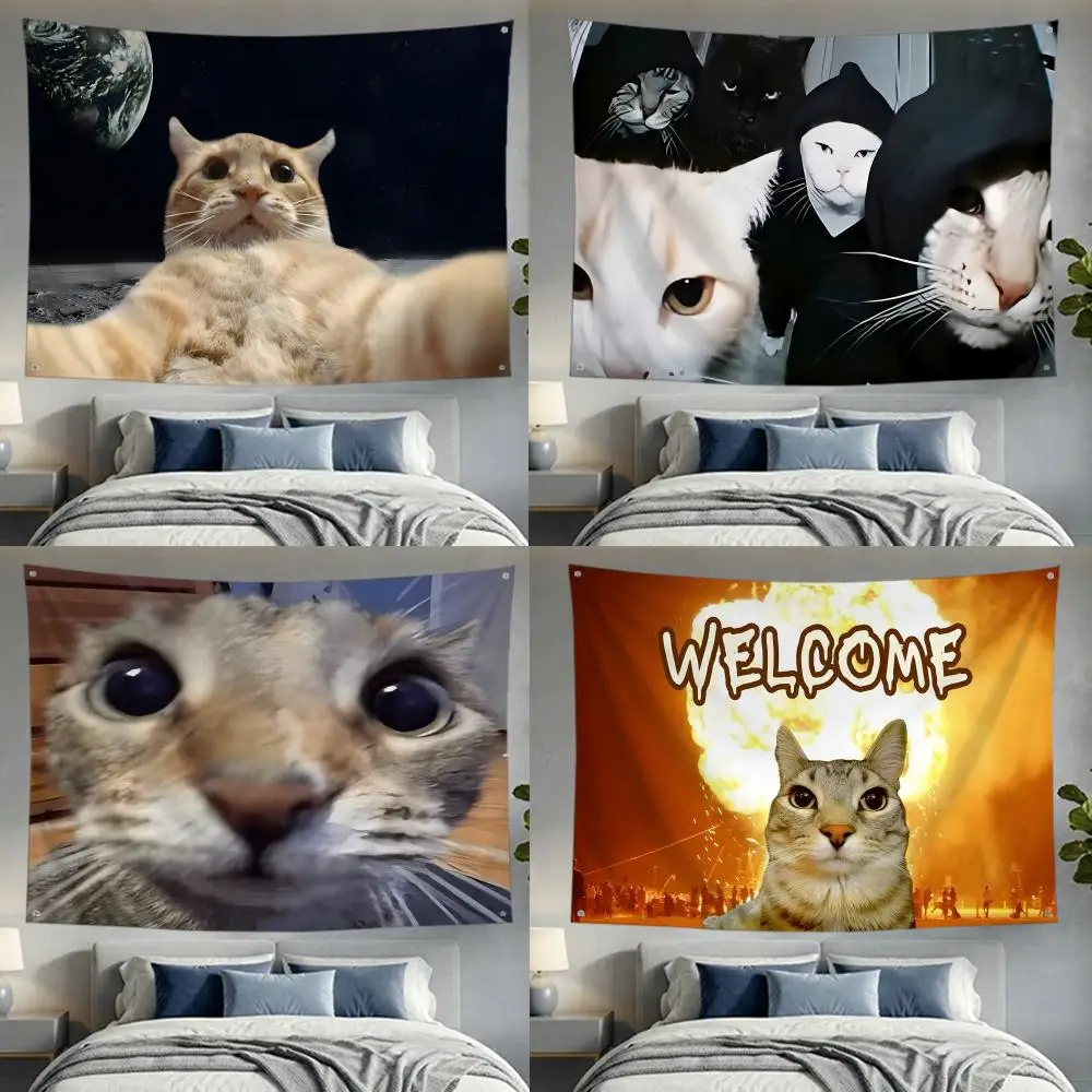 Meme Animal Cat Meme Flags Lightweight no edging four rings hanging for indoor and outdoor decor