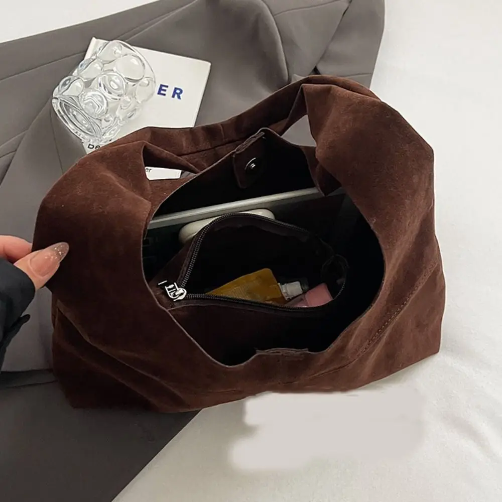 Casual Handbag Suede Shoulder Bag Brown Solid Color Hobo Bag Korean Style Fashion Ladies Tote Bag Streetwear