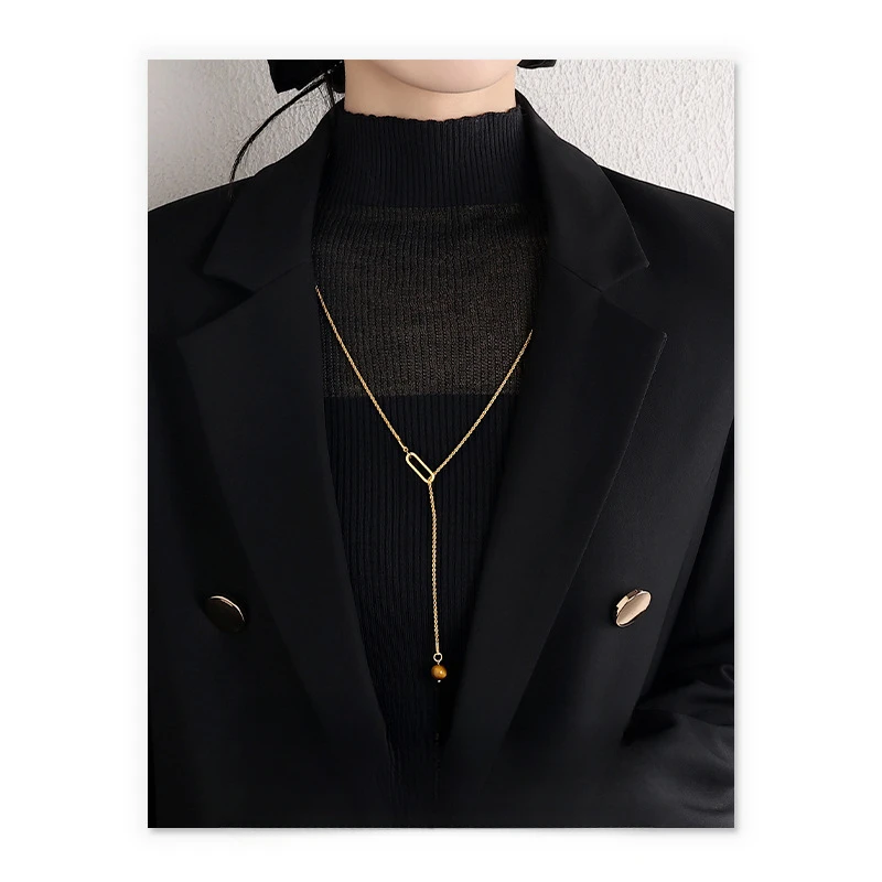 

Simple plain chain stacked wearing personalized ins wind tiger eye stone pendant Y-shaped long necklace female