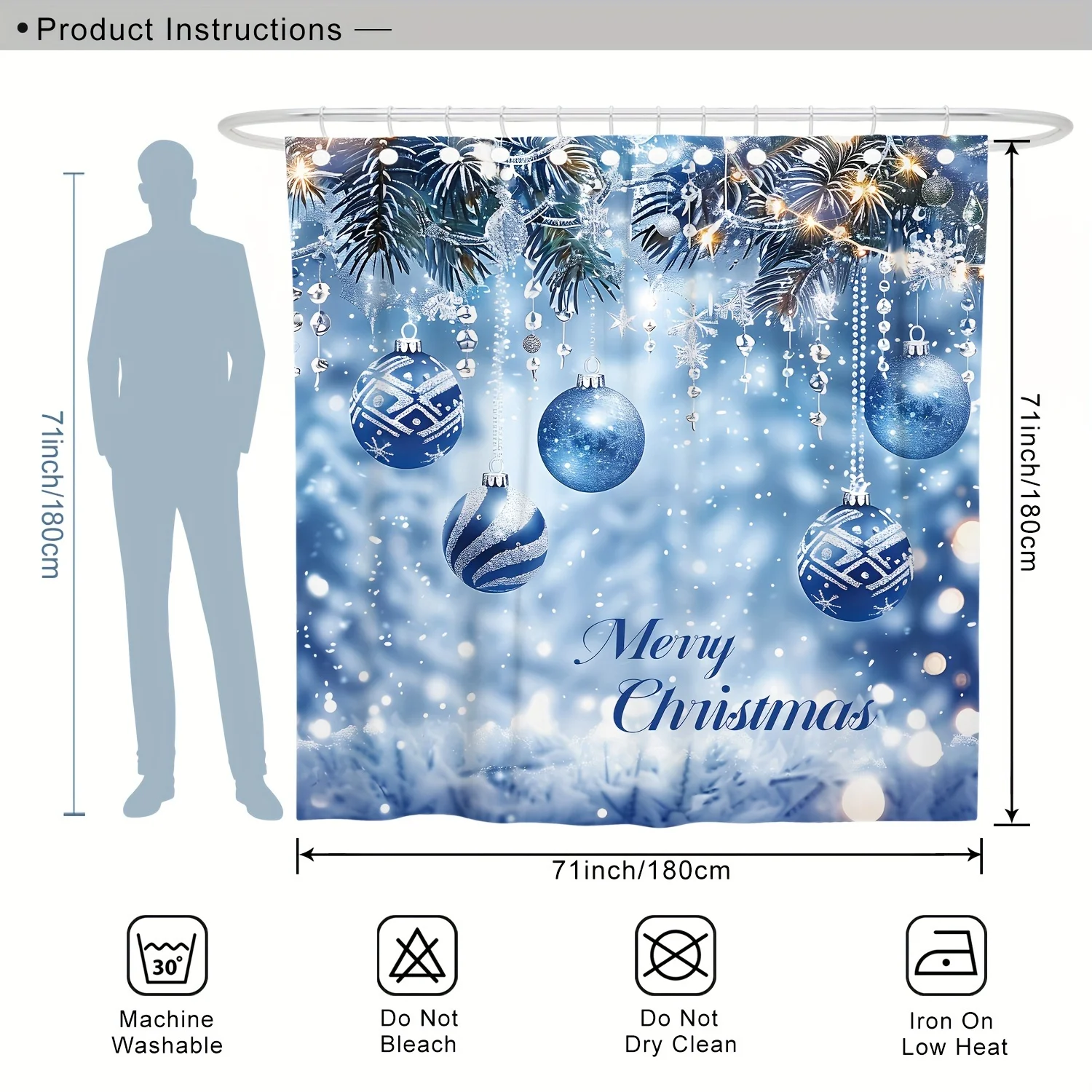 4PCS Merry Christmas Shower Set – Blue Ball Print, 12 Hooks, Non-Slip Mat & U-Shaped Toilet Seat Cover – Holiday Bathroom Gift