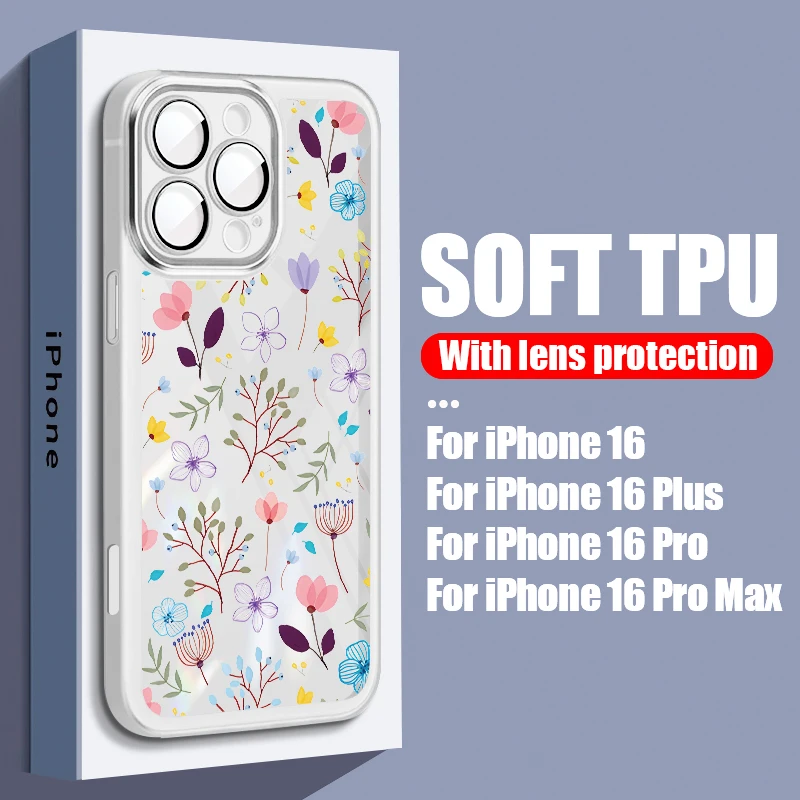 Flower Buds Print Case For iPhone 16 Pro Max Coque iPhone 11 12 13 14 15 Pro Max Luxury Lens Protector Clear Soft Silicone Cover