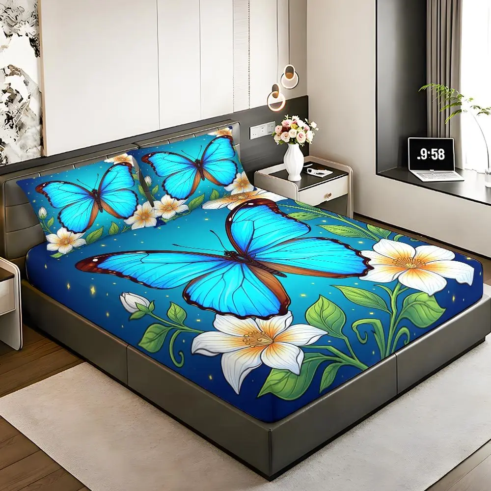 3-Piece Mattress Protector Set with Butterfly Floral Design, Queen King Full Size Bedding Set, Butterfly Floral Fitted Sheet with Pillowcase, Mattress Protector, Stain-Resistant, Suitable for All Seasons, Machine Washable, Easy to Care For, Suitable for Home Bedroom, Essential for Dormitories and Rentals, Master Bedroom Decoration, Dust-Proof and Stain-Resistant, High Elasticity, Fits Various Sizes