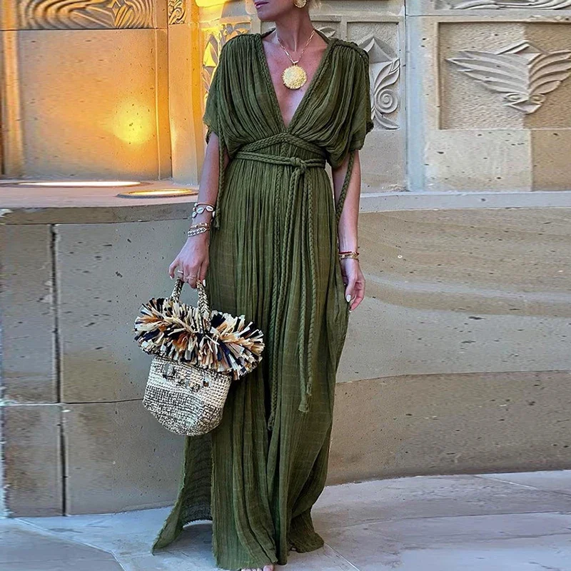 

LIBIELIY Women Sexy Deep V-neck Split Long Dress Casual Short Sleeve Solid Bohemian Party Dress Elegant Lace-up High Waist Beach