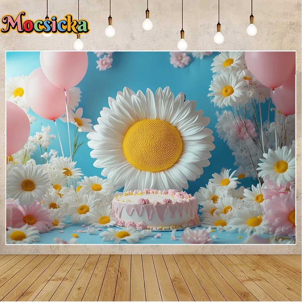 Mocsicka بالون التصوير خلفية أبيض أصفر الإقحوانات الأزرق خمر كعكة سحق الجمالية الأزهار موضوع استوديو ديكور الحفلات