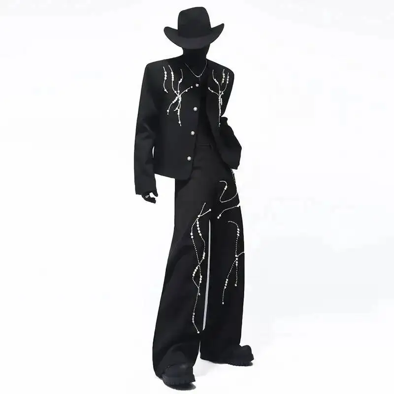 Fashion Men's Jacket Set 2026 Spring New Beads Versatile Short Padded Shoulder Coats Fashionable Elegant Pants  SE34