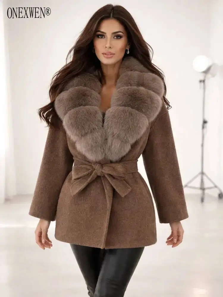 ONEXWEN Women's Brown Wool Blend Coat With Oversized Collar Waist Belt Elegant Short Winter Warm Outerwear For Ladies ZM5370