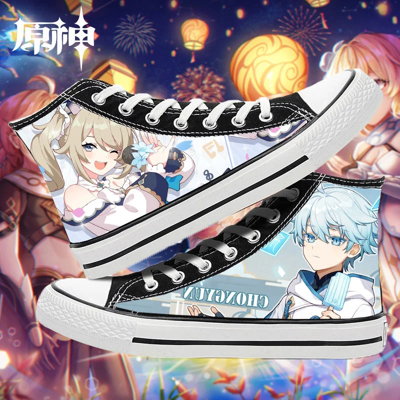 Zapatos de lona con estampado Genshin Impact Klee Xiao Zhong Li Tartaglia Venti Cosplay Zapatillas altas zapatos casuales de moda