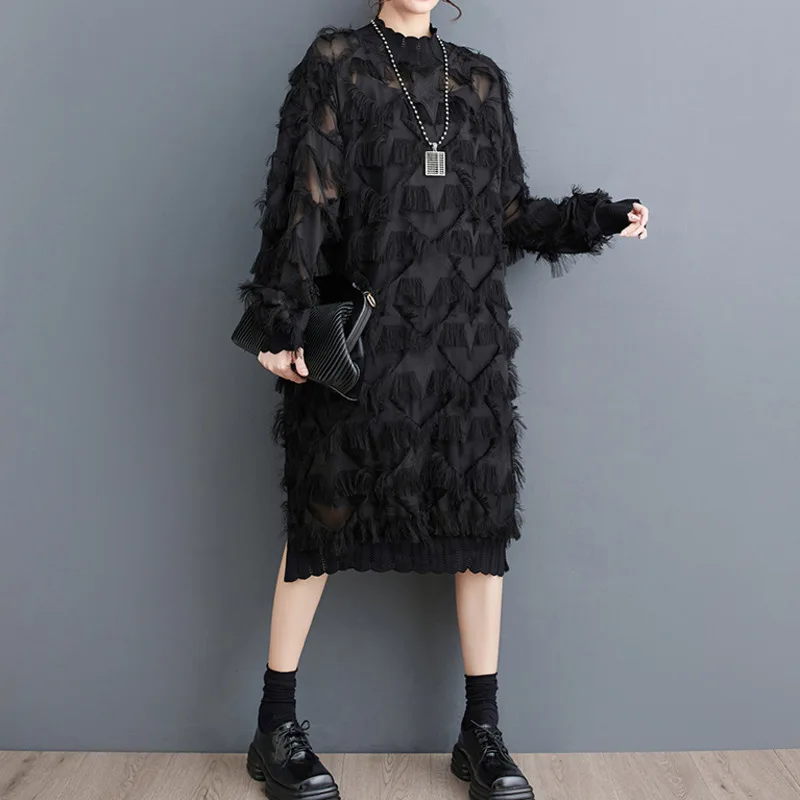 #3341 Black Irregular Midi Dress Women Tassels Loose Thin Perspective Retro Dress Ladies Stand Collar Fringe Dress Female Spring