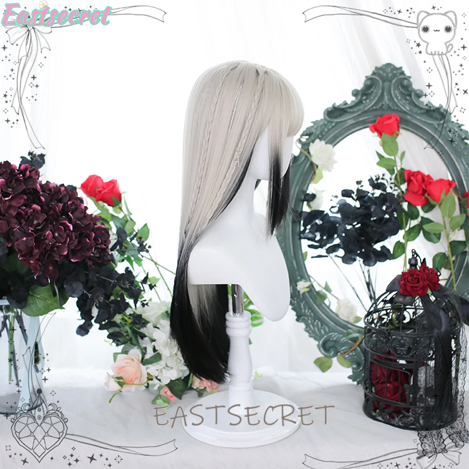 EASTSECRET Synthetic Long Straight Lolita Wig with Bangs Wig Girl Cute Ombre White Black Cosplay Party Halloween Harajuku Wig