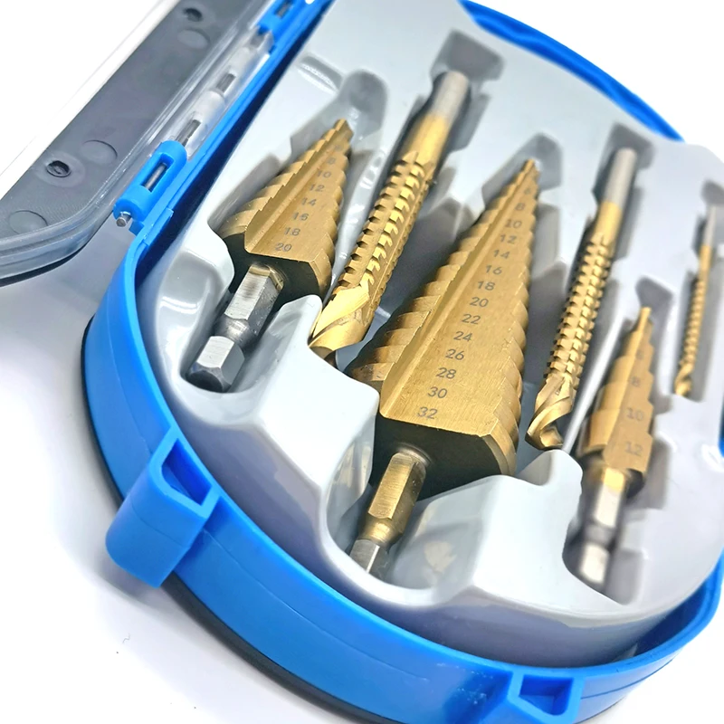 Brocas escalonadas de ranura recta HSS, cortador de agujeros de Metal y madera recubierto de titanio, juego de herramientas de perforación de cono de núcleo, 6 piezas, 4-12mm/4-20mm/4-32mm