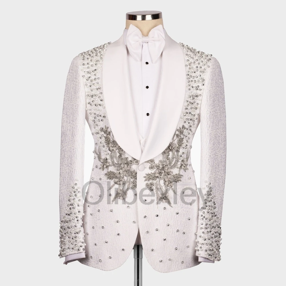 Olibexley Luxury Rhinestones Crystals Men Suits 3 Pieces Sets Groom Male Blazers Formal Wedding Tuxedos Slim Fit Customized S129