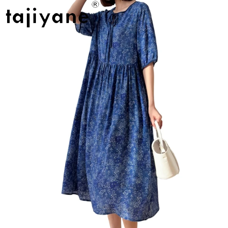 TAJIYANE 100% Real Mulberry Silk Dress Woman Summer 2025 New in Long Dresses Vacation Dark Blue Frocks Ladies Clothes Vestidos