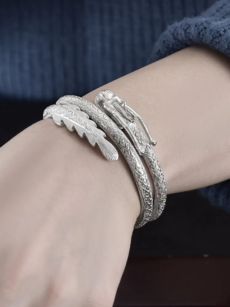 Ethnic Style Handmade 999 Sterling Silver Bracelet Solid Dragon Head Vintage Fine Jewelry Customized Adjustable Cuff Bracelet