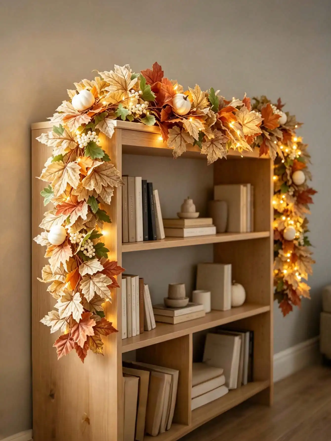 4pcs Artificial Autumn Maple Leaf Vine With LED String Lights, Berries And Pumpkins, Hanging Decor For Thanksgiving Table, Room, Stairs, Windows, Porch, Garden Fence, DIY Wreath, Thanksgiving Harvest Home Decoration - view 6