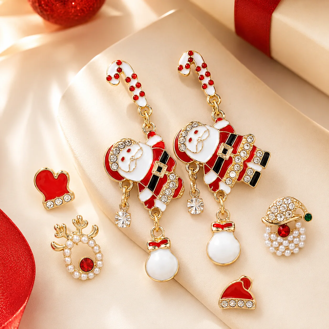 Christmas Santa Reindeer Hat Earrings Set for Women Cute Candy Cane Drop Stud Earrings Festive Holiday Party Jewelry Gift