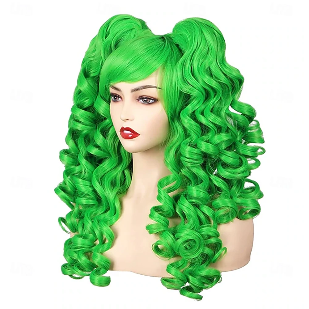 Synthetic Hair  St. Patrick's Day Wigs Long Green  Curly with 2 Ponytails Machine Made Wig for Women