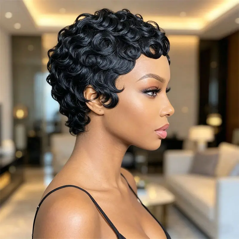 

Short Curly Wig For Women Pixie Cut Brazilian Remy Human Hair Wig With Bangs Full Machine Made Wig For Parties Daily