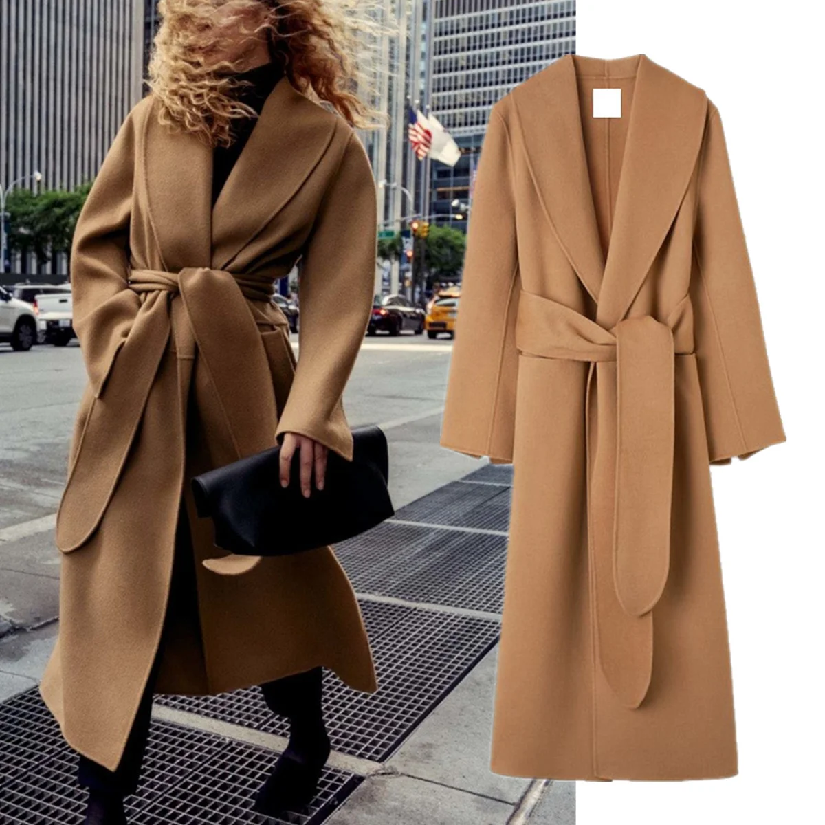 

Maxdutti британское зимнее верблюжье пальто минималистичный скандинавский пояс длинный двусторонний шерстяной халат пальто для женщин топы длинная куртка