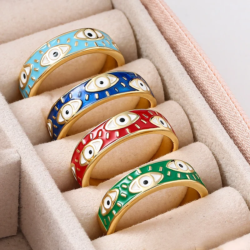 Enamel Evil Eye Ring Y2K Multi-Colors Stackable Band Ring Women Gold Plated Copper Rings Turkish Evil Eye Finger Rings Jewelry