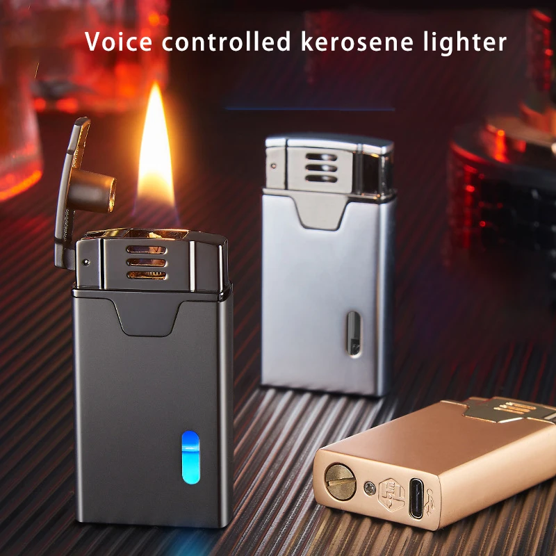 Intelligent voice controlled ignition kerosene lighter with large capacity blue light transparent compartment lighter popular