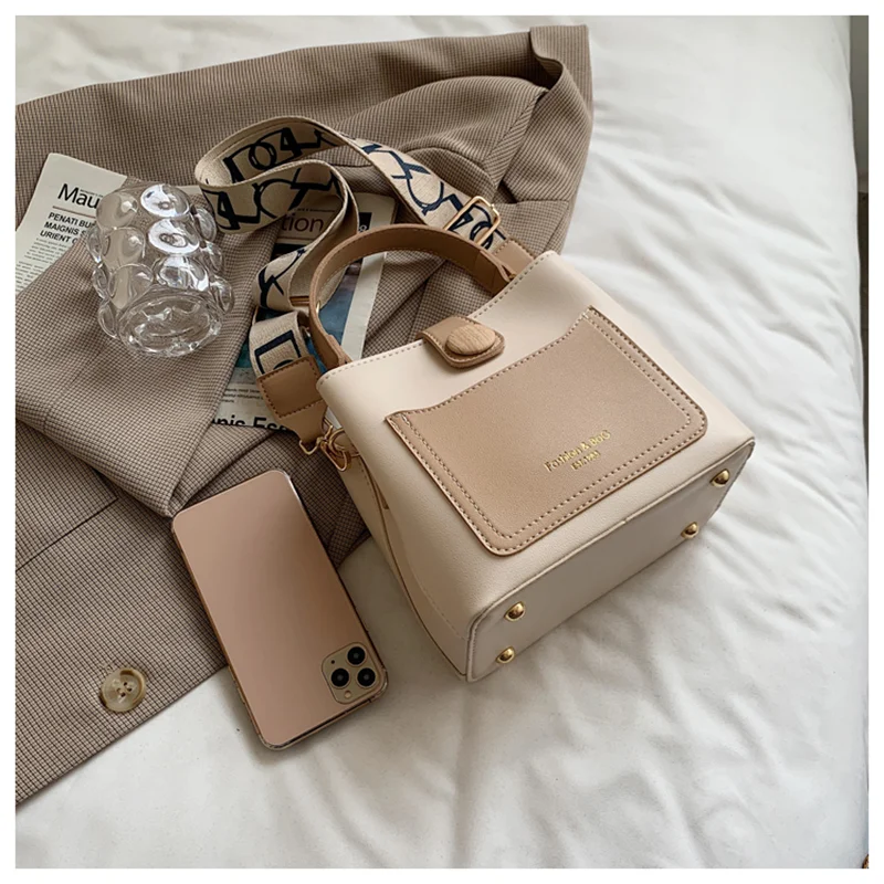 Fashion Women PU Leather Small Bucket Tote Bags Luxury High-capacity Handbags Wide Strap Female Shoulder Crossbody Messenger Bag