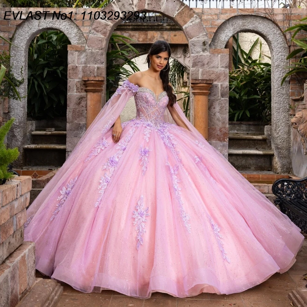 

Индивидуальное блестящее розовое бальное платье EVLAST для Quinceañera с 3D цветочными аппликациями, бисером и накидкой-бантом, для Sweet 16, Vestidos De 15 Anos AQ209