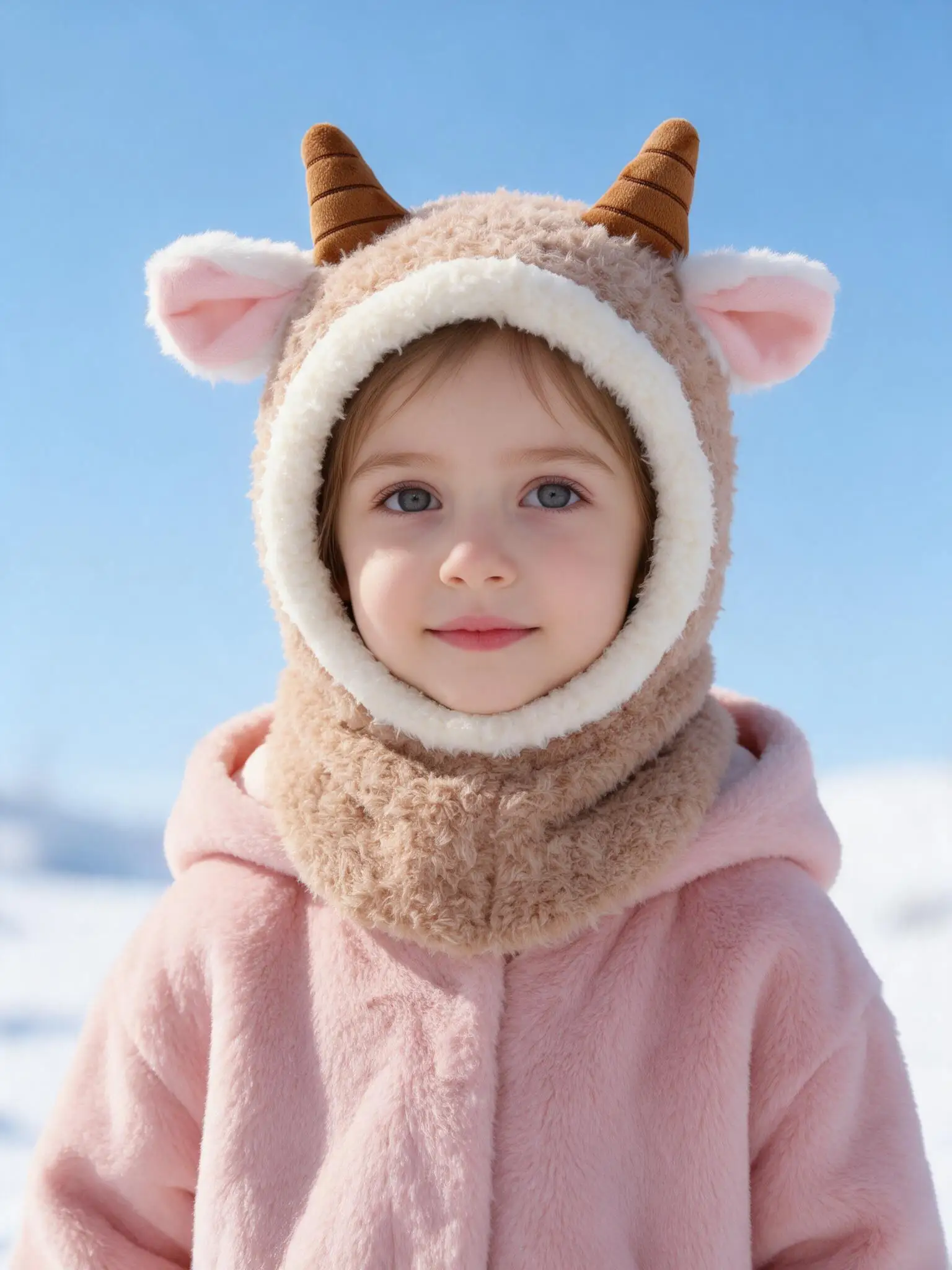 1pcs 1-6Y Kids Girls Cute Knitted Balaclava, Integrated Lamb Ear & Horn Shape, One Piece Neck Cover Design, Soft Fabric