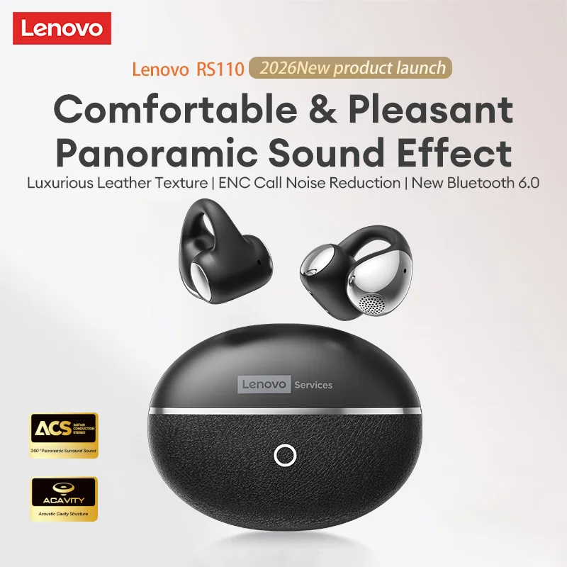 

Наушники Lenovo RS110 Open-Ear Clip Bluetooth 6.0 с шумоподавлением, беспроводная спортивная гарнитура, водонепроницаемые игровые наушники с низкой задержкой