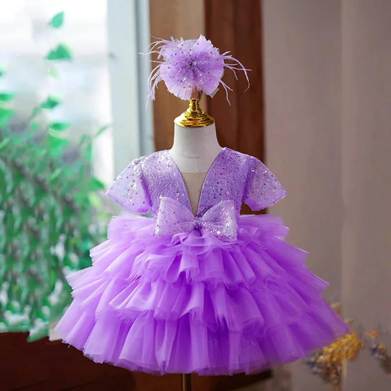 Vestido de flores con lentejuelas para niña, ropa de primera Comunión con lazo grande para boda y cumpleaños, de calidad, 2024