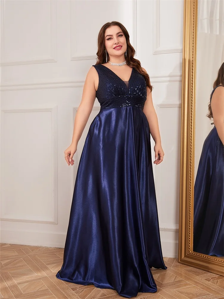 Lucyinlove Plus Size Elegant Sequins Evening Dress For Women 2024 Deep V-neck Satin Prom Party Dress Floor Length Formal Gowns