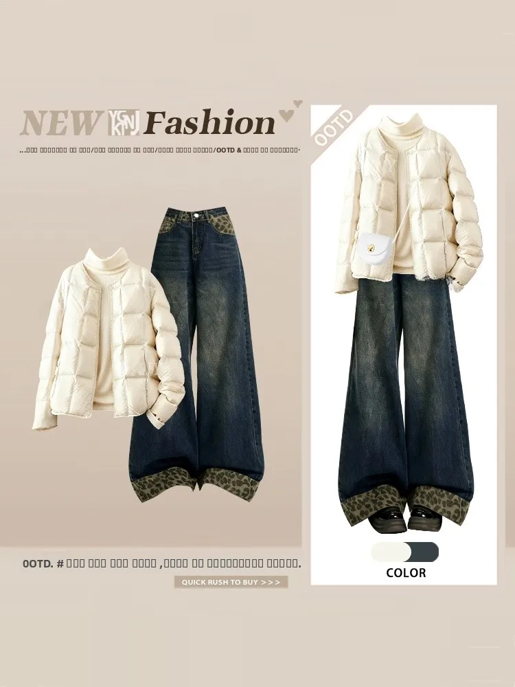 

Winter Cotton Jaet Women's round Ne Inner Wear Base Layer with Denim Tee Piece Set Casual Loose Fit High Waist Pants