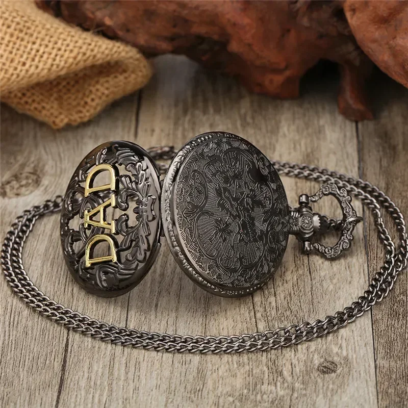 Bronze Dad Pocket Watch Hollow Out Arabic Number Dial Quartz Movement Timepiece with Necklace Chain Vintage Father Gift