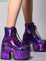 Stivaletti viola lucidi da donna 2024 nuovo arrivo piattaforma punta tonda tacco grosso cinghie incrociate Sexy sfilata di moda scarpe da festa