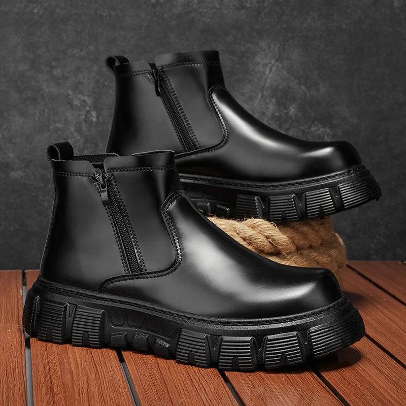 Men's Black Chelsea Boots with Double Zippers on the Inside and Outside, Thick Sole with Gear Pattern, Simple Plain Surface with No Extra Decorations, Versatile for Business Casual, Autumn and Winter, Everyday Wear