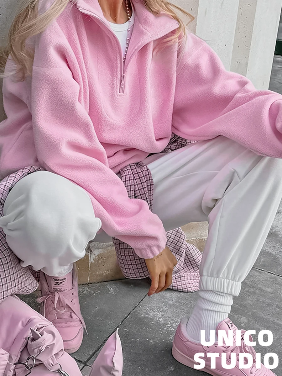 فضفاضة تناسب البلوز Fce اصطف هوديي الشارع Sle طويل Sve الوقوف طوق الوردي البلوز المرأة لباس غير رسمي موسم الربيع