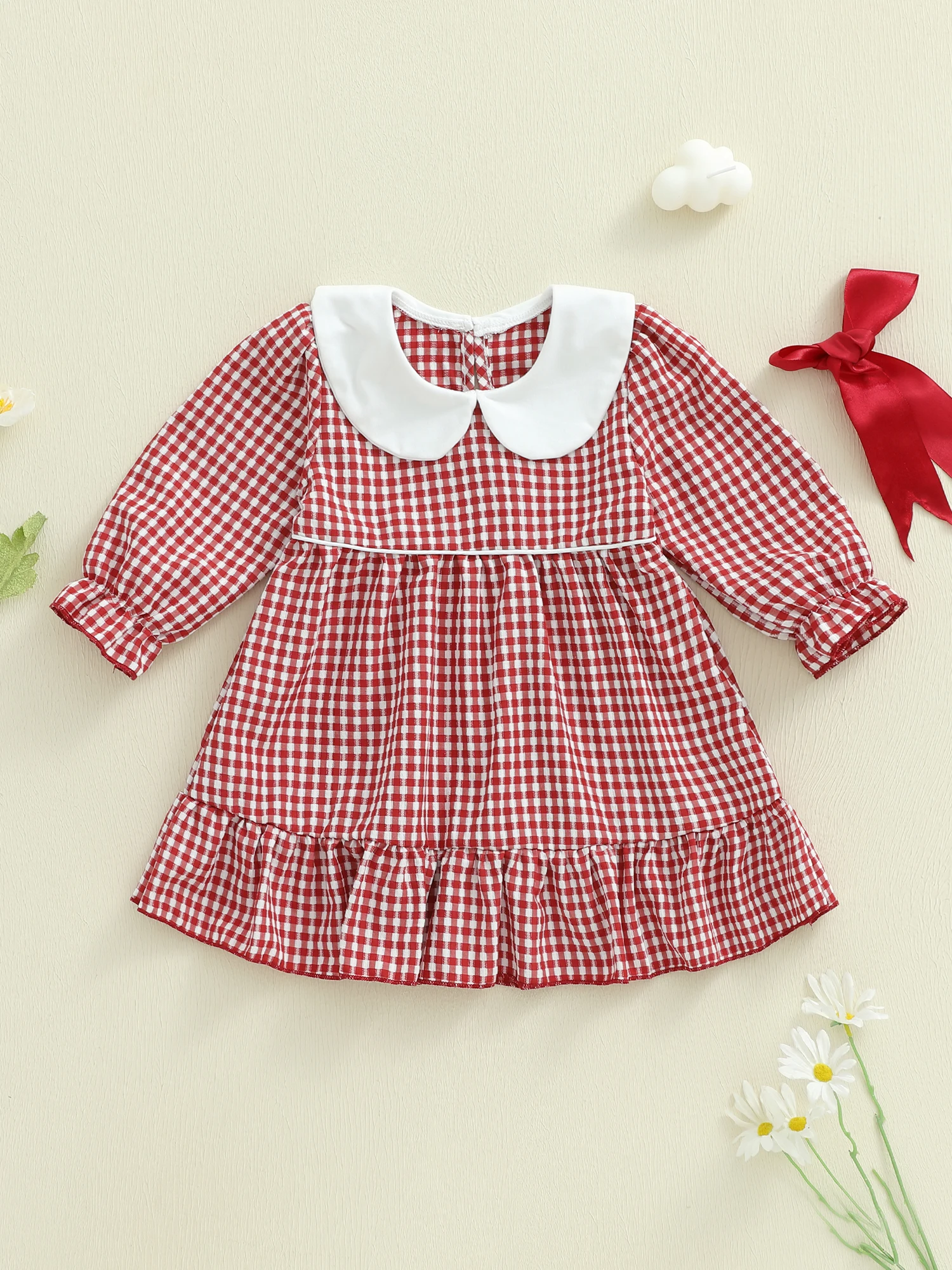 

Cute Baby Girl Autumn Dress Tartan Pattern Peter Pan Collar Long Sleeve Frilled Bottom A-Line Dress