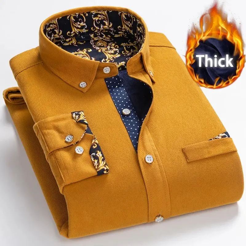 Men's Winter Thick Velvet Dress Shirt Casual Long Sleeve Warm  Neck Special Wide Fit Fleece Lined Autumn Fashion