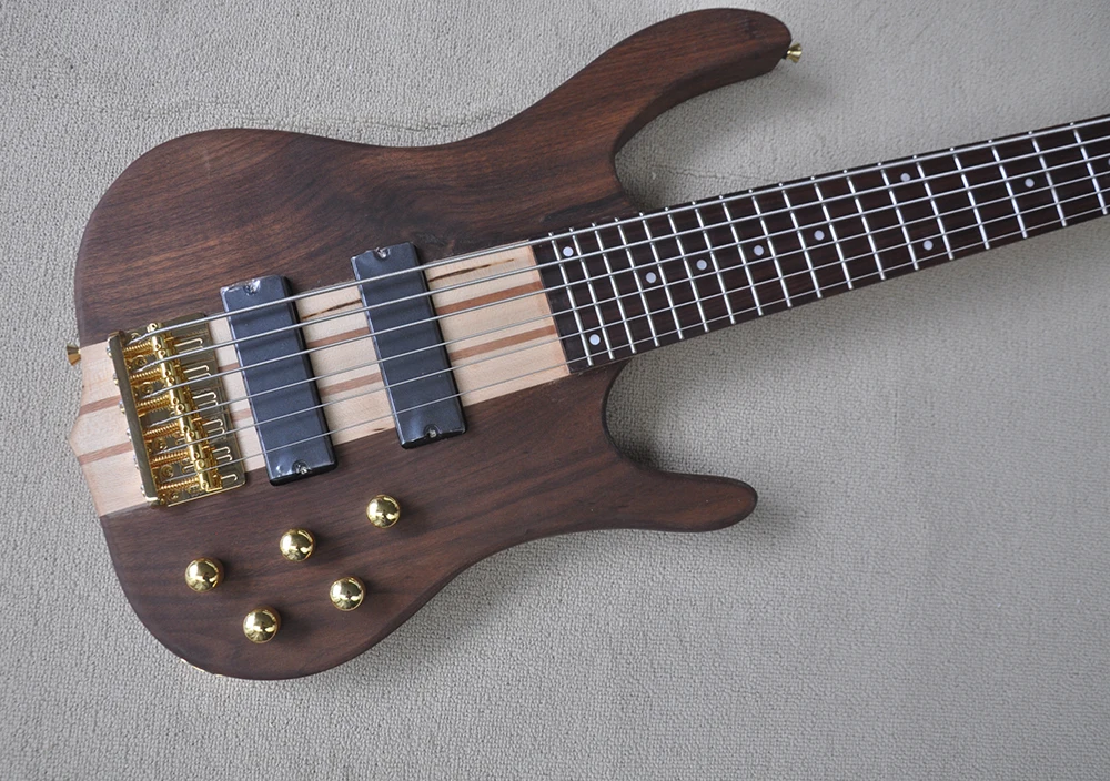 Walnut 6 Strings Electric Bass Guitar with 24 Frets,Active Circuit,Rosewood Fretboard