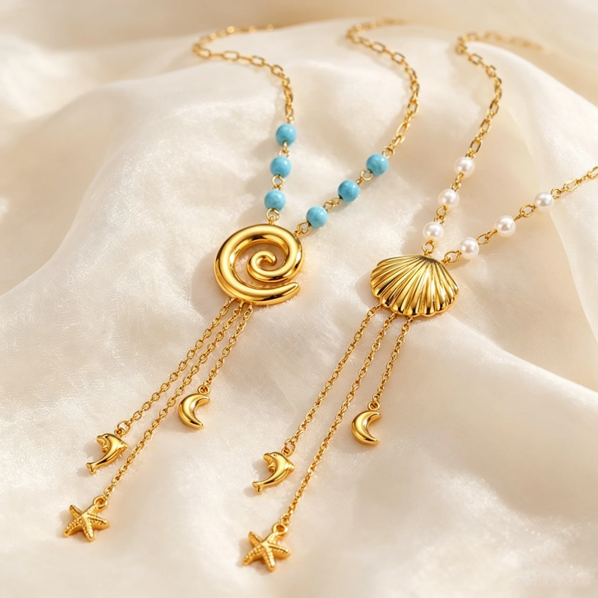 Bohemian Starfish Shell Pendant Necklace for Women, Dolphin Moon Long Tassel Gold Plated Necklace, Stainless Steel Charm Jewelry