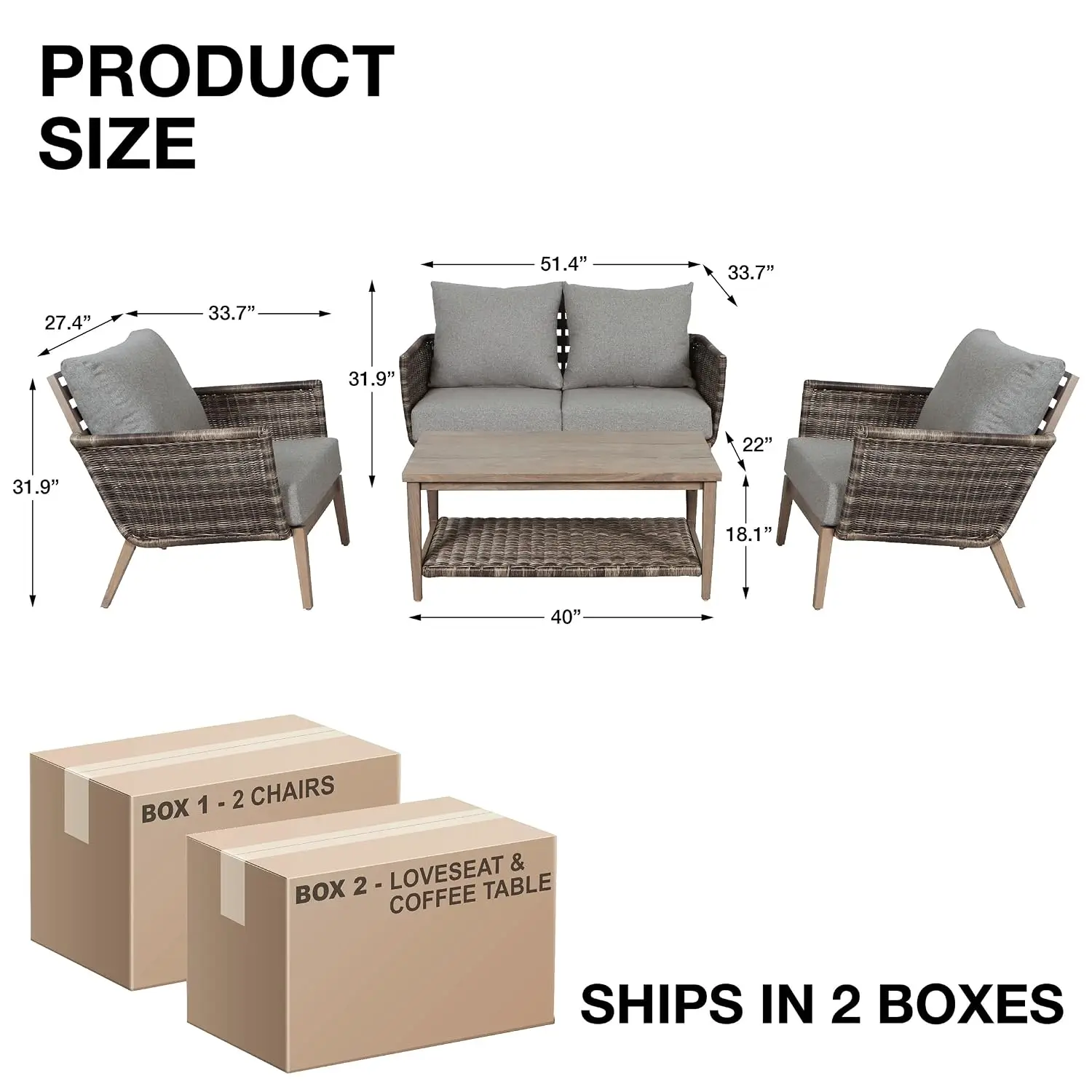 Wicker Steel Outdoor Set with Coffee Table & Removable Cushions, Sectional Sofa for Backyard Garden Lawn, Customized