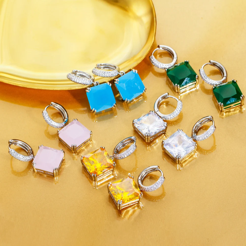 ThreeGraces Stylish Pink Cubic Zirconia Simple Small Dangling Square CZ Huggie Hoop Earrings for Women New Trendy Jewelry ER892