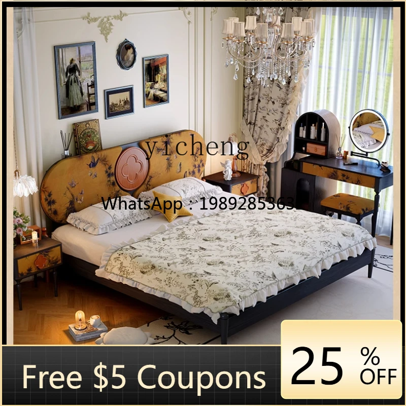 

R2 antique solid wood master bedroom wedding bed retro small apartment double fabric bed