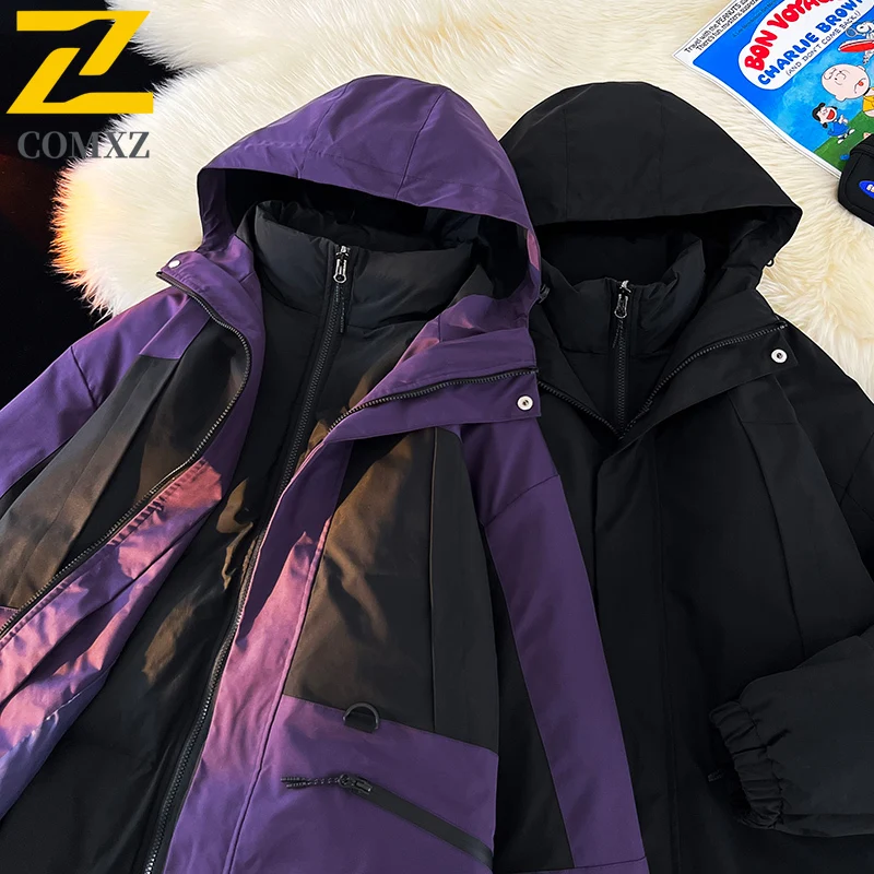 Winter Jacket Men 2025 Autumn Winter New 3-in-1 Color Block Hooded Thickened Warm Parka Adventure Windproof Lightweight Coat