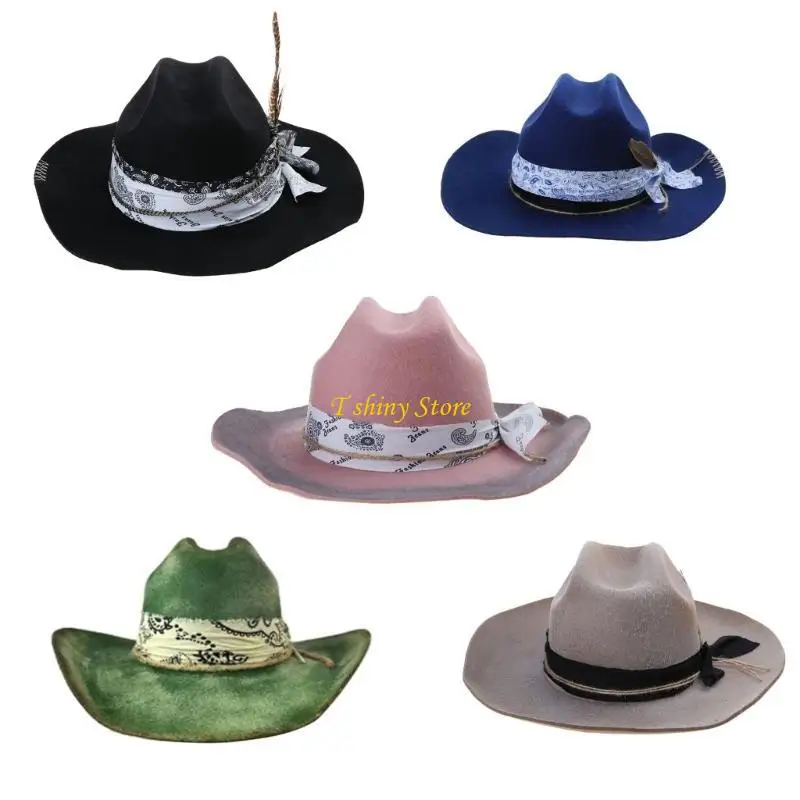 N58F Distressed Cowboy Cap for Adult Wide Brim Fedora Hat with Role Play Ethnic Cowboy Hat Carnival Party Costume Hat